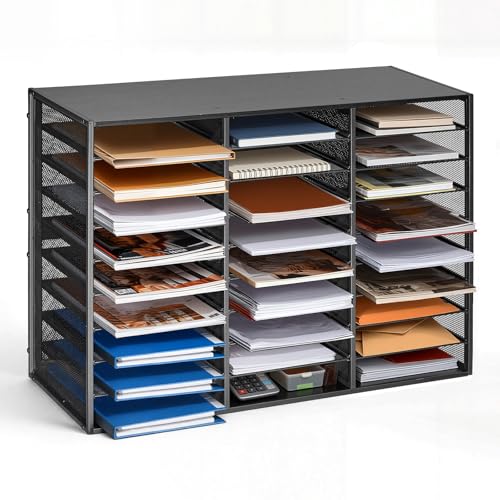 VEVOR Literature Organizer, 27 Compartments Metal Office Mailbox with Detachable Wire Mesh, Mailbox Sorter with Wooden Top, Countertop Office Home Storage Organizer for File, Document, Paper, Black