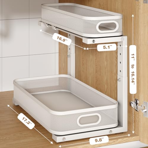 2 Pack 17.3IN-Depth Under Sink Organizer with Smooth Cylindrical Rail,2-Tier Pull Out Multi-Purpose Cabinet Storage for Bathroom&Kitchen,Height Adjustable,Rust-Resistant Coating-White - color: White, size: 2 Pack-17.3"Dx11"-16.14"H