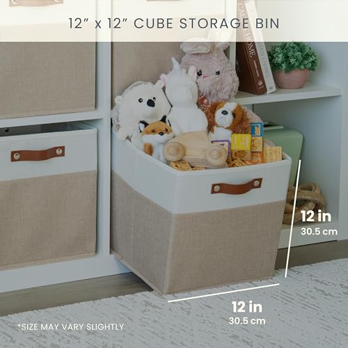 OrganiHaus 12" x 12" x 12" Fabric Storage Bins - Set of 4, Cube Canvas Organizer Bins with Vegan Handles, Kallax Storage Cubes, 12 Inch Cubic Baskets for Shelves - Beige/White - color: Beige Base / Off-White, size: (12x12) Leather Handles