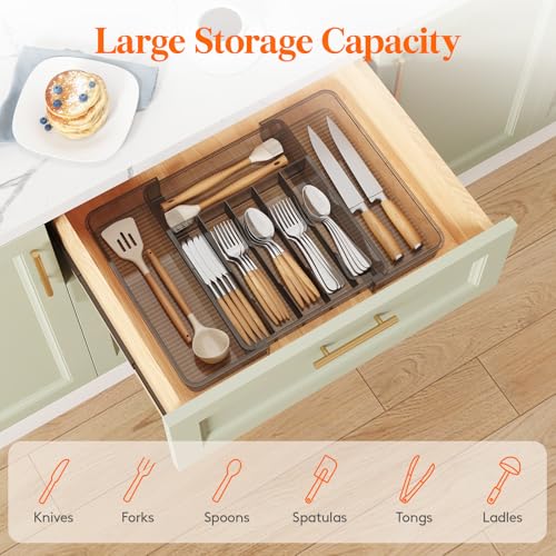 Lifewit Silverware Organizer for Kitchen Drawer, Expandable Utensil Tray for Spoons Forks Knives, Adjustable Flatware Cutlery Holder Storage, Black