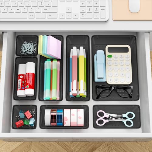ElegantArray 12-Piece Drawer Organizer Set, 4 Sizes Versatile Plastic Vanity Organizer for Makeup, Stationery, Gadgets, in Kitchen, Bathroom, Office, and Bedroom, Black - color: Black, size: 12 PCS