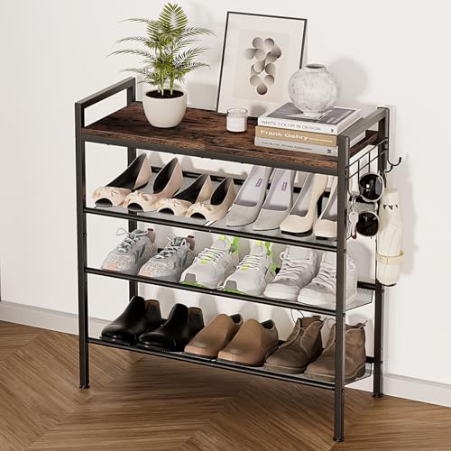 4 Tier Shoe Rack, Shoe Rack for Entryway with Hook, Shoe Organizer with Adjustable Mesh Shelves, Metal Shoe Storage, Closet, Bedroom Living Room Garage - size: 4 Tier