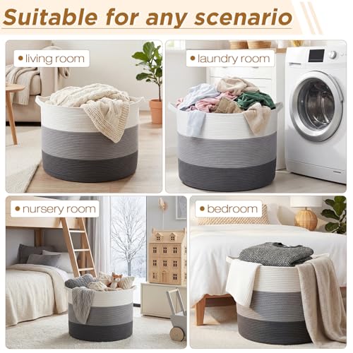 XXXXL 125L Extra Large Blanket Basket, 23.6" x 16.9" Jumbo Woven Cotton Rope Storage Basket with Handles, Laundry Hamper, Toy Storage for Living & Play Room(White, Light Gray & Dark Gray) - color: White, Light Gray & Dark Gray