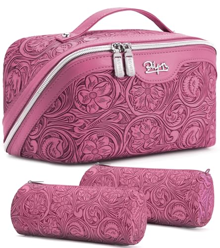 BOYATU Travel Makeup Bags Cosmetic Organizer Bag: 3 Pcs Set Large Capacity Floral Make up Bag with Compartments - Waterproof Leather Toiletry Bags with Handle for Women (20-Red) - color: 20-Red