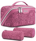 BOYATU Travel Makeup Bags Cosmetic Organizer Bag: 3 Pcs Set Large Capacity Floral Make up Bag with Compartments - Waterproof Leather Toiletry Bags with Handle for Women (20-Red) - color: 20-Red