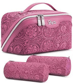 BOYATU Travel Makeup Bags Cosmetic Organizer Bag: 3 Pcs Set Large Capacity Floral Make up Bag with Compartments - Waterproof Leather Toiletry Bags with Handle for Women (20-Red) - color: 20-Red