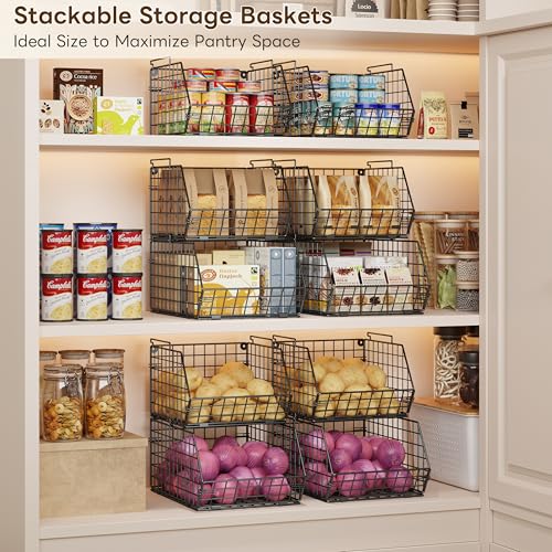 X-cosrack Stackable Wire Baskets for Counter, Fruit and Vegetable Storage, Potato and Onion Storage Bin，Kitchen Pantry Organizer - Wall Basket for Produce/Snack/Can, 3-tier Large, Black - size: 3-tier Large