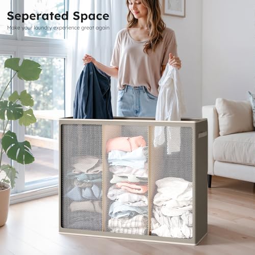 SOLEDI 180L 3-Section Laundry Hamper with Lid, Extra Large Dirty Clothes Basket with Sturdy Handles for Laundry Room & Bedroom - Durable Organizer for Sorting Laundry - color: Concrete Gray, size: 180L