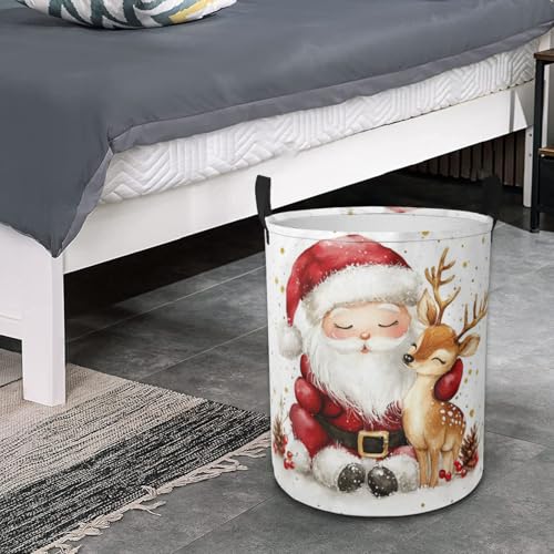 Santa Claus and Deer Laundry Basket Foldable Laundry Hamper with Handles Clothes Storage Bin for Household Bedroom Bathroom Dorms 17.3"x13.6" - color: Santa Claus and Deer