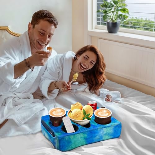 Couch Cup Holder Pillow, 5 Hole Couch Drink Holder! Keep Drinks Hand Side and Keep Temp, Prevent Spills and Use Anywhere. Cup Holder for Couch, Bed, Camping, RV, Car, Beach. Blue - color: Blue