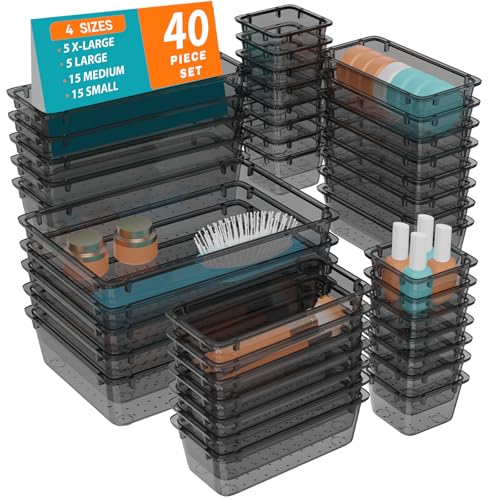 WOWBOX 40 PCS Clear Plastic Drawer Organizer Set, 4 Sizes Desk Drawer Organization and Storage Containers for Makeup, Cosmetics, Jewelry and Gadgets in Kitchen, Bathroom, Bedroom, Office, Clear Black - color: Black, size: 40 PCS