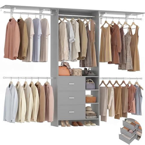Aheaplus Closet System, Closet Organizer with 3 Wooden Drawers, 8FT Closet Organizer System, 96’’ Walk-in Closet Wardrobe Clothes Rack with Hanging Rods, Garment Rack, Fits 5.3-9 ft, -G6, Grey - color: Grey