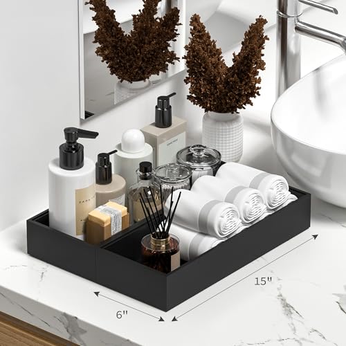 Kitchen Drawer Organizer Bins, Stackable Bamboo Drawer Organizer for Silverware, 2 Pcs Toilet Paper Basket Holder, Wood Bathroom Tray Countertop, Toilet Tank Tray Black 15" x 6" x 2.5" - color: Black, size: 15 x 6 x 2.5 Inch