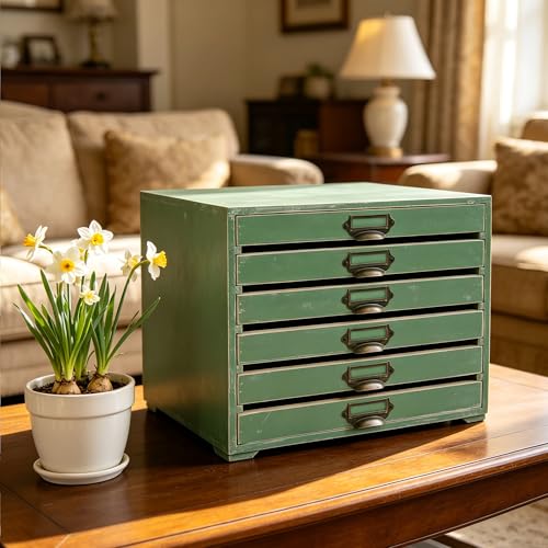 Vintage Wooden Desktop Organizer Cabinet with 6-Drawer Rustic Wood Shelf Drawer Antique Card Catalog Cabinet Distressed Decor Jewelry Cosmetics Craft Paper Storage Box for Home Office (Green#2) - color: Green#2