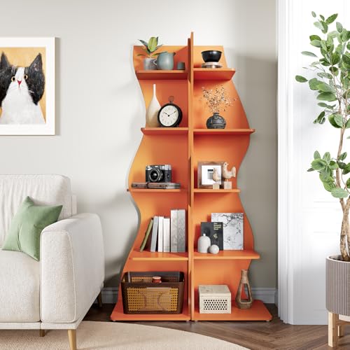 LITTLE TREE Small Corner Shelf, Modern 5-Tier Wall Corner Bookshelf, Stylish Bookcase Storage Rack for Small Space, Living Room, Bedroom, Orange, 2 Pack - color: Orange, size: 2 Pack