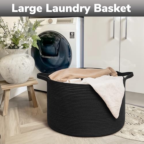 Goodpick Large Blanket Basket, 22"X 14" Woven Rope Baby Basket, Black Blanket Storage for Dirty Clothes, Kids Toy Storage Organizer Bins for Living Room - color: Black, size: 21.7x21.7x13.8 Inch (Pack of 1)