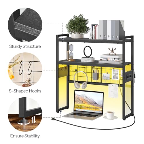 HOOBRO Desktop Bookcase, 2-Tier Office Desktop Organizer, 29.9" Wooden Storage Rack with Outlets, Display Shelf Rack with Light Strip, Desk Hutch for Office, Black BB11UDSJ01 - color: Black, size: 29.9"D