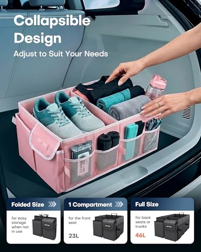 HOTOR Trunk Organizer for Car - Car Organizer, Foldable Trunk organizer for SUVs & Sedans, Sturdy Organization for Car Accessories, Tools, Sundries, Pink, 2 Compartments, 23.6"×14.2"×10.6" - color: Pink, size: Large (2 Compartments)