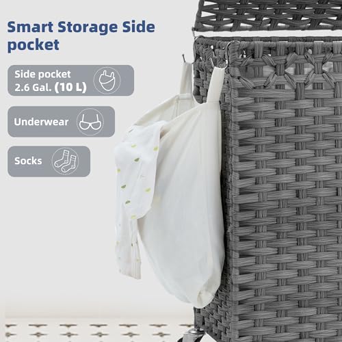 Laundry Hamper with Lid, 160L Rattan Wicker Laundry Basket with Wheels, Handwoven Laundry Hamper 2-Section with Storage shelf(42.3 Gal), Laundry Sorter Basket with Removable Liner, Grey HLH032G - color: Grey, size: 29.5”L x 13”W x26.4”H