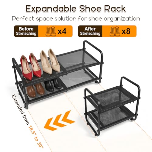 Expandable Shoe Rack for Closet - Shoe Organizer for Entryway, Adjustable Metal Shoe Storage, Stackable Long Shoe Stand Holder for Garage, Hallway, Door Entrance (Black, 2 Tier) - color: Black, size: 2 Tier