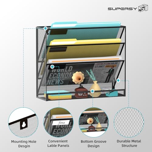 SUPEASY Wall File Organizer Mesh Office Mail Holder, Hanging Wall Organizer Magazine Rack for Office Black, 4 Tier - color: Black, size: 4-Tier