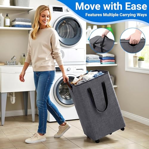 Laundry Basket with 5 Wheels, Tall Dirty Laundry Hamper, Rolling Laundry Basket with Lid, Large 90L Collapsible Clothes Hamper for Laundry Room Bedroom Bathroom Dorm, Light Gray - color: Light Gray, size: 90L