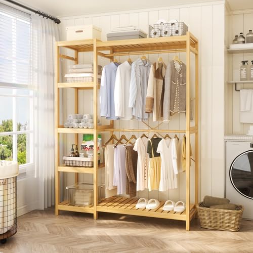Homykic Bamboo Closet System, Heavy Duty Clothing Rack for Hanging Clothes, Freestanding Clothes Rack with 7 Adjustable Shelves & 2 Rods, 4 Hooks, Open Wardrobe Closet Organizer Garment Rack - color: Bamboo, size: 1-Pack