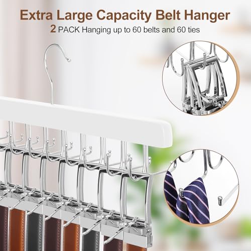TOPIA HANGER 20 Hooks 2 in 1 Belt Tie Hanger for Closet Max 30 Belts with 30 Ties Capacity, Belt Tie Racks Wooden Hanger for Closet Organizer Storage “U” Fit for Belt and “一” Fit for Tie - CT47W - color: White
