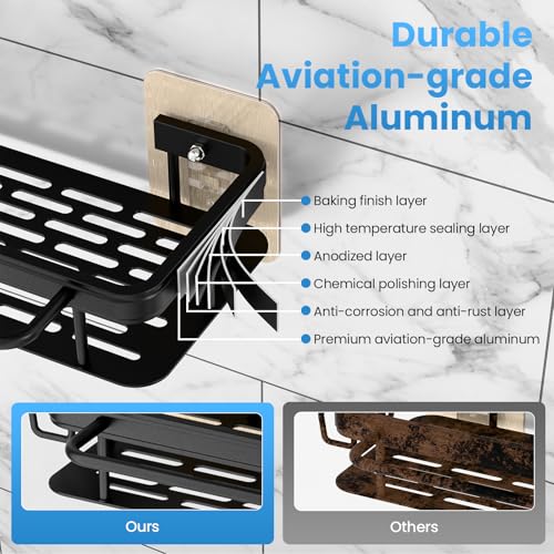 2-Pack Adhesive Shower Caddy – Rustproof Aluminum Black Shower Shelves with Towel Bars & Hooks, No Drill Bathroom Organizers and Storage, Anti-Tip Shower Organizer for Inside Shower - size: 2-Pack