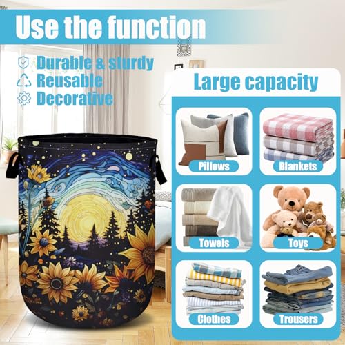 Starry Sky Sunflower Laundry Basket, Moon Flower Laundry Hamper Collapsible Oxford Cloth with Handle Clothes Toy Storage Bin for Bathroom Laundry Room Bedroom 15.7 X 20 Inch - color: Starry Sky Sunflower Moon