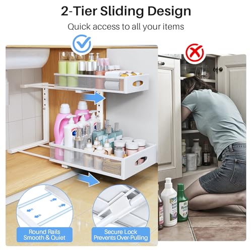 Under Sink Organizer, 2 Pack 2 Tier Pull Out Under Cabinet Organizer Shelf with Pad for Framed Cabinets, Metal Slide Out Under Sink Storage, Mesh Sliding Drawers for Kitchen Bathroom Laundry, White - color: White, size: 2-Pack