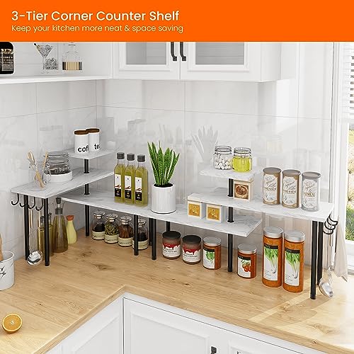 Homode Bathroom Counter Corner Shelf, 3 Tier Kitchen Countertop Organizer for Over The Sink, Make Up, Dresser Table, White Marble - color: White Marble, With Hooks