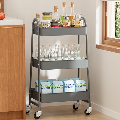 NEWBULIG 3-Tier Rolling Utility Cart with Locking Wheels, Slim Metal Mobile Storage Organizer Shelf for Small Spaces, Bathroom, Living Room, Grey - color: Gray, size: 3-Tiers