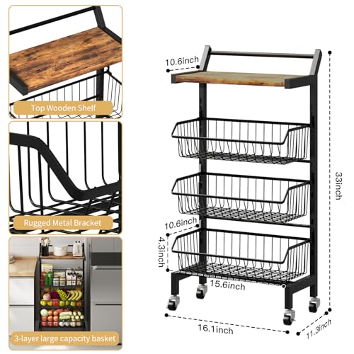 DGSANDGO 4-Tier Slim Rolling Storage Cart, Narrow Kitchen Cart with Lockable Wheels & Water-Resistant Wooden Tabletop, Small Space Utility Cart for Kitchen/Bathroom/Living Room/Laundry Room - color: Rustic Brown