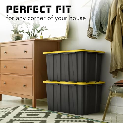 4 PACK Large Black & Yellow Storage Bins | Plastic Tote Organizing Container with Secure Latching Lids, Stackable, Extra Strength with Built in Handle | Black and Yellow Bins | 24.5" x 16.5" x 13.5" - size: LARGE - 24.5" x 16.5" x 13.5"