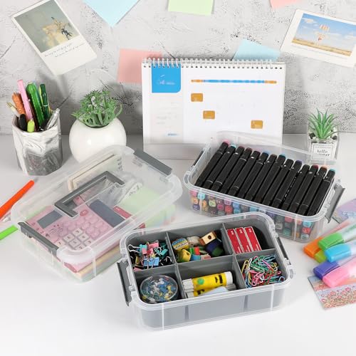 JUXYES 2 Pack 3-Tiers Stack Carry Storage Box With Divided Tray, Transparent Stackable Storage Bin With Handle Lid Latching Storage Container for School & Office Supplies, Dark Gray - color: Gray