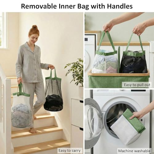 efluky Laundry Hamper with Lid, Double Laundry Hamper with 2 Removable Bags, 2 Section Laundry Basket with Bamboo Handles for Bathroom, Bedroom & Laundry Room,140L Green - color: Green, size: 140L Dual