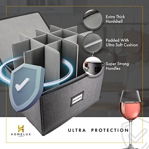 HOMELUX THEORY Wine Glass Storage Box with Dividers, Hard Shell China Storage Containers, Heavy Duty Glassware Storage Box & Stemware Storage Container with Lid, Thick Surface, and Sturdy Handle - color: Dark Gray, size: 9. Glass Stemware Storage