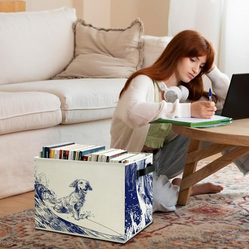Navy Blue Coastal Dog Storage Bins Box with Handles, Dog Lovers Gifts for Women Men, Nautical Surfing Dogs Collapsible Basket Organizer for Bedroom Bathroom Toys Books Clothes - color: Color07