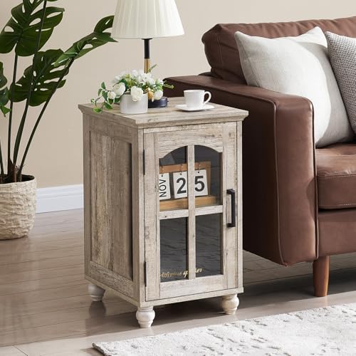 Narrow Side Table,Farmhouse Nightstand with Charging Station,Wood End Table with Glass Barn Door Storage, Cabinet Organizer with Adjustable Shelf, Night Stand for Small Spaces for Living Room Bedroom - color: Grey, size: Set 1