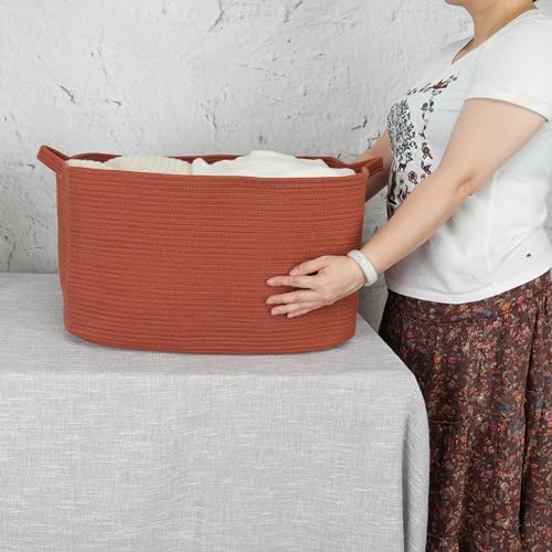 XUANGUO Large Rectangle Blankets Basket Living Room 22"x17"x12" Woven Cotton Rope Storage Baskets for Nursery Toy Baskets for Kids and Dogs Wicker Laundry Basket Bin for Clothes Towels rustic - color: rustic