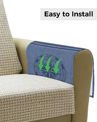 Sofa Armrest Organizer Bedside Caddy, Nautical Compass Non Slip Couch Remote Control Holder for Recliner, Navy Blue Striped Coastal Compass Arm Chair Caddy with Pocket for Magazine, Phone, 13"x35" - size: 13x35 in