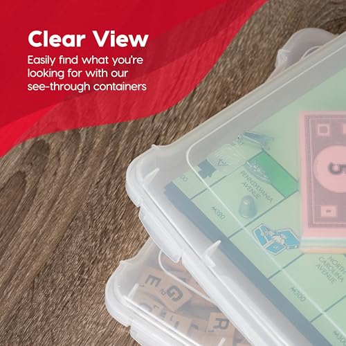 IRIS USA Board Game Storage Craft Organizer Box with Snap-Tight Latch Lid, 10-Pack Portable Plastic Case Bin for Puzzles, Magazines, Hobbies, Art Supplies, Fits 8.5" x 11" & A4 Papers, Slim, Clear - size: 10 Pack
