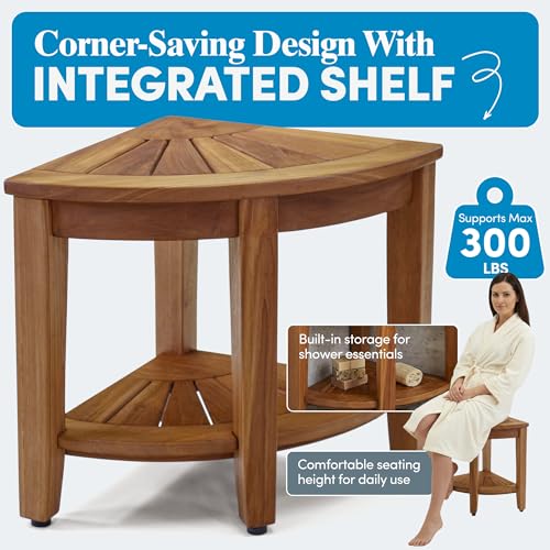 AquaTeak The Original 15.5" Kai Corner Teak Shower Bench - Shower Stool with Storage Shelf for Bathroom - Durable Water Resistant Shower Chair - Shaving Foot Rest - Indoor & Outdoor Use - size: Original 15.5", style: Corner Stool With Shelf
