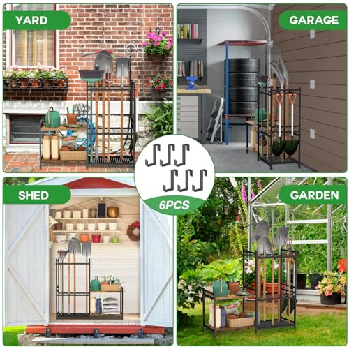 DAOUTIME Garage Tool Organizer with 2-tier Wooden Shelves, Yard Tool Organizer for Garage with 6 Hooks, Heavy duty Steel Garden Tool Rack Holds up to 35 Long Handled Yard tools for Storage, Black - size: 5 Tier