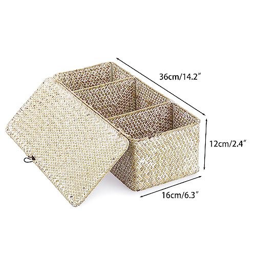 Sumnacon Small Woven Basket for Shelf Wicker Shelf Storage Basket with Sections Seagrass Storage Baskets with Lid for Tampon Toiletry Rectangular Storage Basket for Shelf Bathroom Table Desk Whitewash - color: Whitewash, size: Medium
