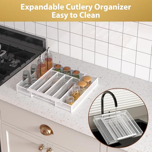 Sedegn Silverware Organizer Metal Mesh, Drawer Organizer, Utensil Cutlery Tray for kitchen drawers,Expandable Flatware Organizer with 7 Compartment White 9.6"~16.1" x 13.8" - color: White, size: Expandable 9.6"~16.1" x 13.8"