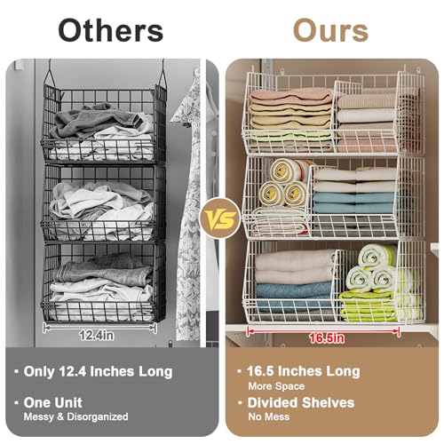 3 Tier Extra Large Closet Hanging Shelves with Divider, 16.5"L x 11.8"W x 33.6"H Closets Organizers and Storage with 5 S Hooks, Clothes Organizer for Sweaters Shoes Handbags Clutches Accessories-White - color: White, size: 3-Tier
