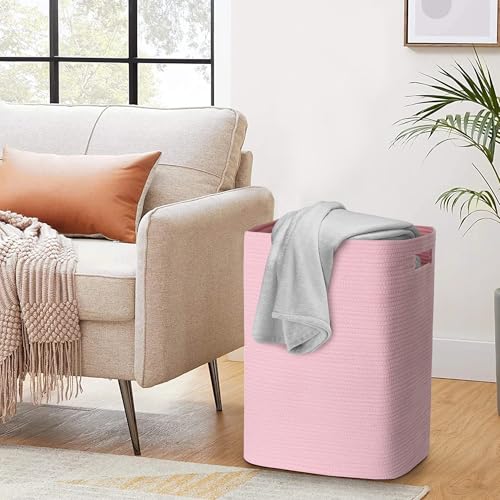 MEGASKET Large Laundry Hamper 16"x13"x22" - Tall Woven Laundry Basket, Cotton Rope Dirty Clothes Hamper, Baby Kids Nursery Wicker Laundry Basket, Bedroom Aesthetic, Soft Laundry Bin, Pink Hamper, 75L - color: Pink