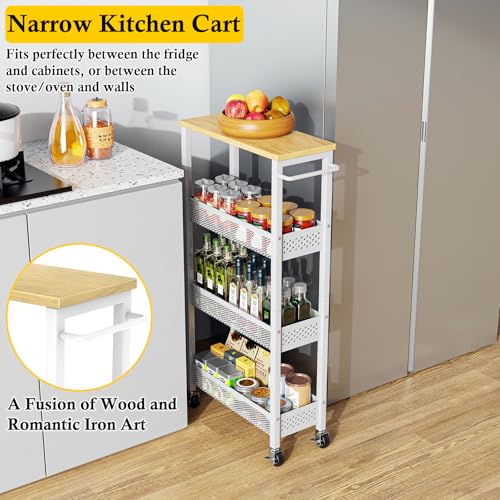 OKZEST Utility Slim Storage Cart, 4 Tier Small Rolling Kitchen Laundry Room Cart with Wood Top, Metal Narrow Bathroom Storage Cabinet Mobile Shelf Unit Organizer Trolley with Handle for Narrow Space - color: White, size: 7.1 inch wide